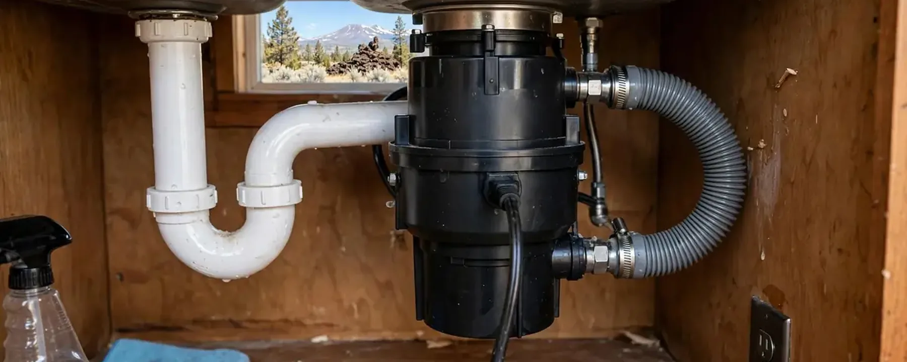 Black garbage disposal unit mounted under a sink with white P-trap, gray hose and power cord in a cabinet