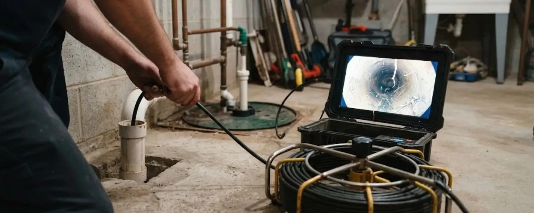 Worker's hand feeding an inspection camera cable into a basement cleanout pipe, with a monitor showing the pipe interior