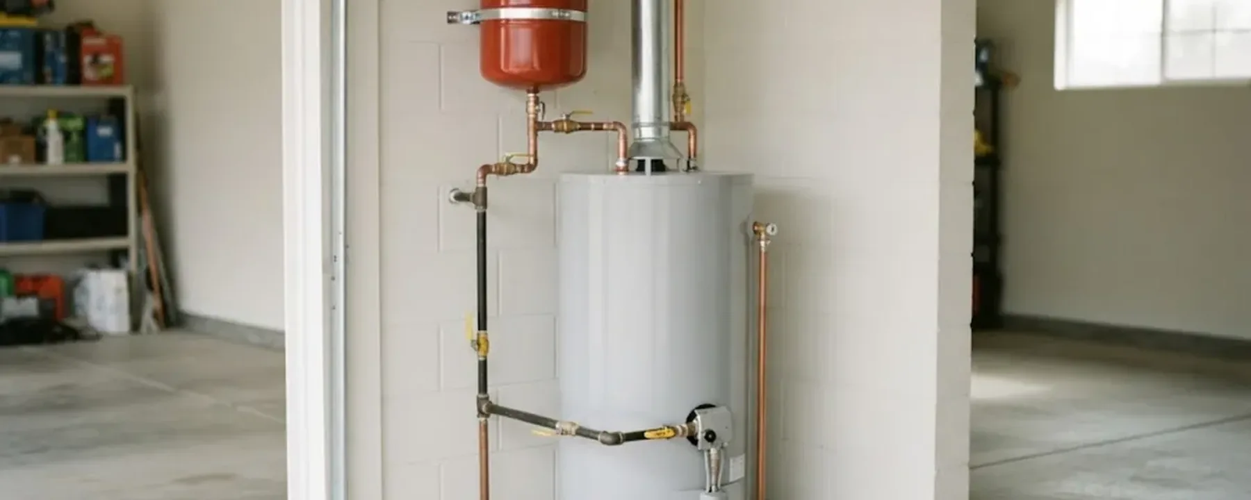 New gas water heater on a concrete pad with red expansion tank, flue and copper piping in a garage